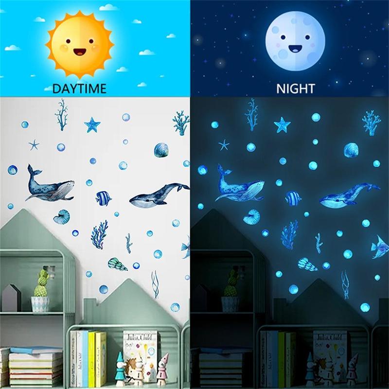 Sea Life Pattern Glow in the Dark Wall Sticker, 2 Counts set Creative Modern Wall Sticker, Room Decor, Wall Decal for Home Decor, Household Essentials