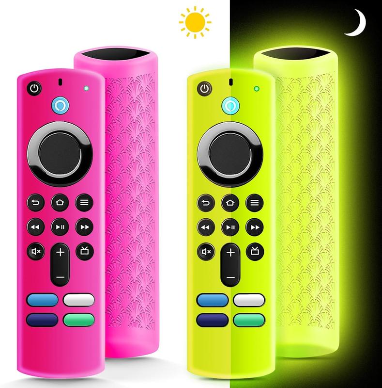 (2 Pack) Fire Stick Remote Cover 3rd Gen with Alexa Voice Remote,Fire TV Remote Cover Glow in The Dark, Anti Slip Shockproof  Protective Case with Lanyard(Glow Yellow&Not Glow Rose Red)