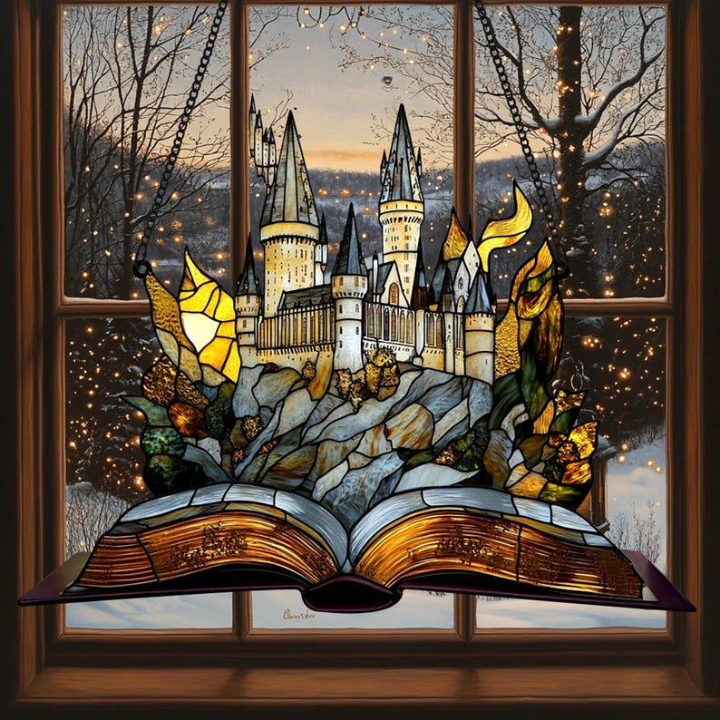 Express Train and Castle Suncatcher, Magical Castle Window Hanging, Bookish Decor for Wizard School Fans, Christmas Home Decoration, Housewarming Gift