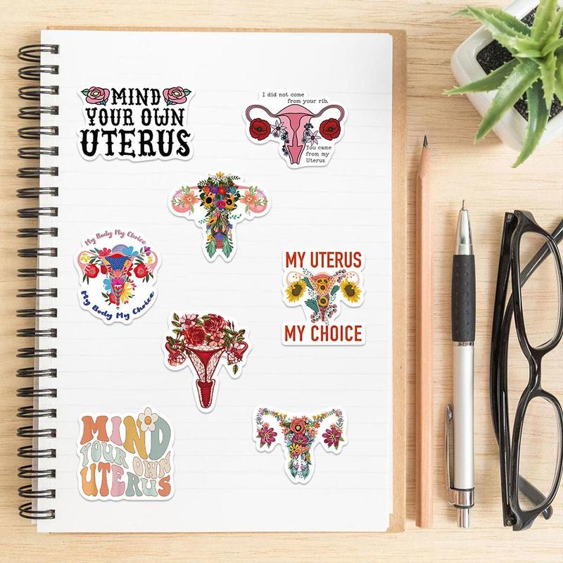 Women's Uterus & Letter Pattern Sticker, 50pcs set Self Adhesive Decorative Sticker, DIY Decal for Water Bottle, Laptop, Phone Case, Scrapbook, Journal Making