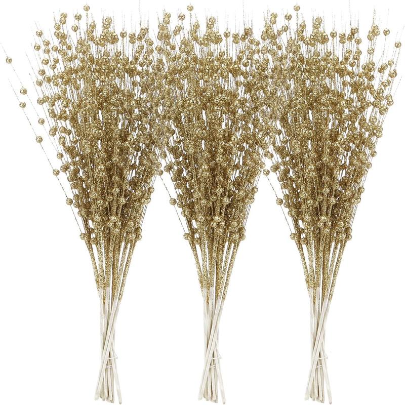 24-Pack Artificial Glitter Berry Stem Ornaments, Decorative Bead Sticks, Glittery Twigs, Picks, Branches for Christmas Tree, Small Vase, Holiday, Wedding, Party (17 Inches, Gold) Flower Fruit Flower Fruit