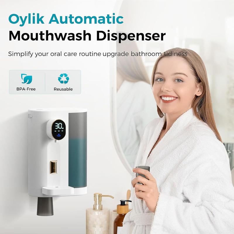 Oylik Automatic Mouthwash Dispenser for Bathroom,20.3 Fl Oz Mouth Wash Dispenser with 2 Magnetic Cups,4 Levels and LED Screen, Electric Smart Mouthwash Dispenser for Kids Adults-White Adjustable