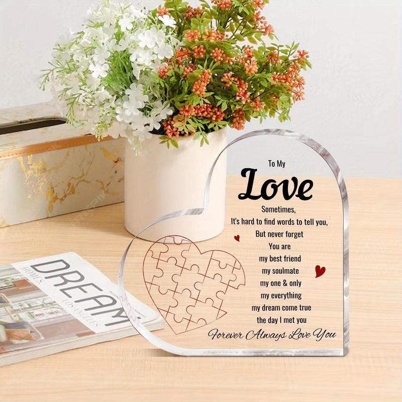 Acrylic Heart Shaped Puzzle Plaque, 1 Count Creative Letter Pattern Heart Shaped Memorial Brand Plaque, Gift for Girlfriend Boyfriend Fiancee