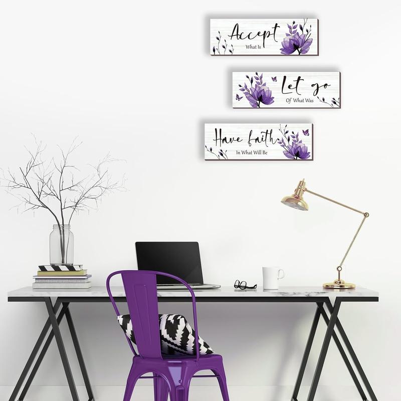 3 Pcs Purple Bathroom Decor Rustic Flower Wall Art Accept Let Go Have Faith Farmhouse Bedroom Wall Decor Wooden Inspirational Quotes Decorations for Living Room Bathroom Bedroom(Purple, 12 x 4 Inches)