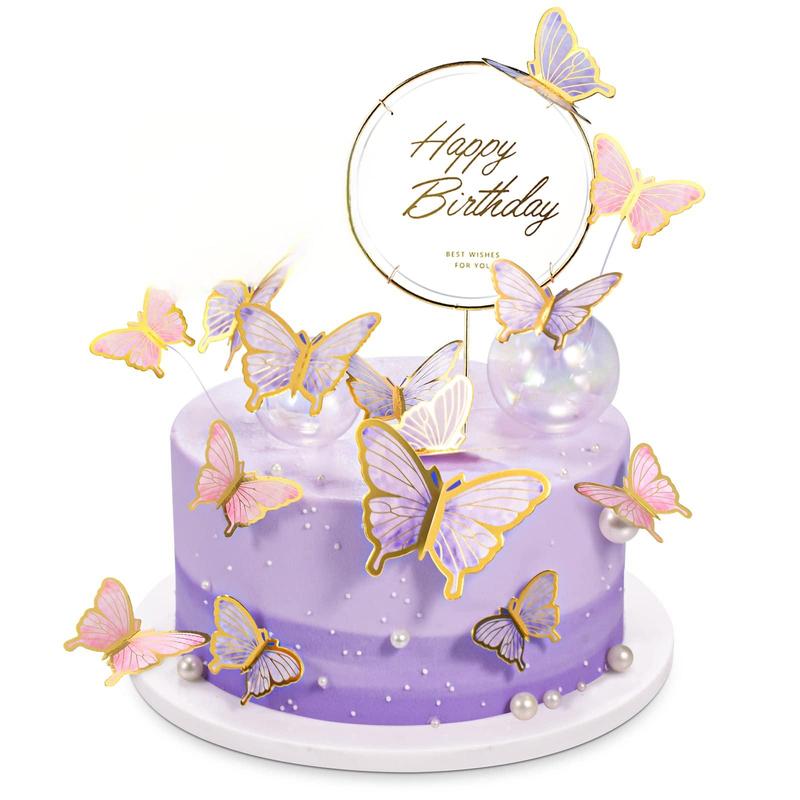 22 Pieces Butterfly Cake Toppers with Happy Birthday Acrylic Cake Decorations for Christening Wedding Birthday Party Decorations (Purple and Pink)