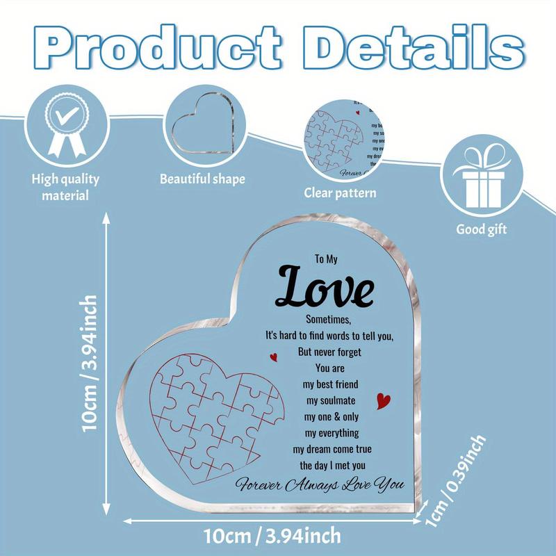 Acrylic Heart Shaped Puzzle Plaque, 1 Count Creative Letter Pattern Heart Shaped Memorial Brand Plaque, Gift for Girlfriend Boyfriend Fiancee