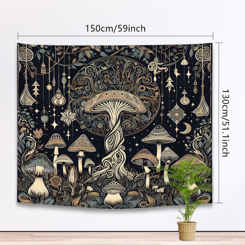 Mushroom Print Tapestry, 1 Count Vintage Wall Hanging Tapestry with Installation Accessories, Wall Art Decor for Home Living Room Bedroom