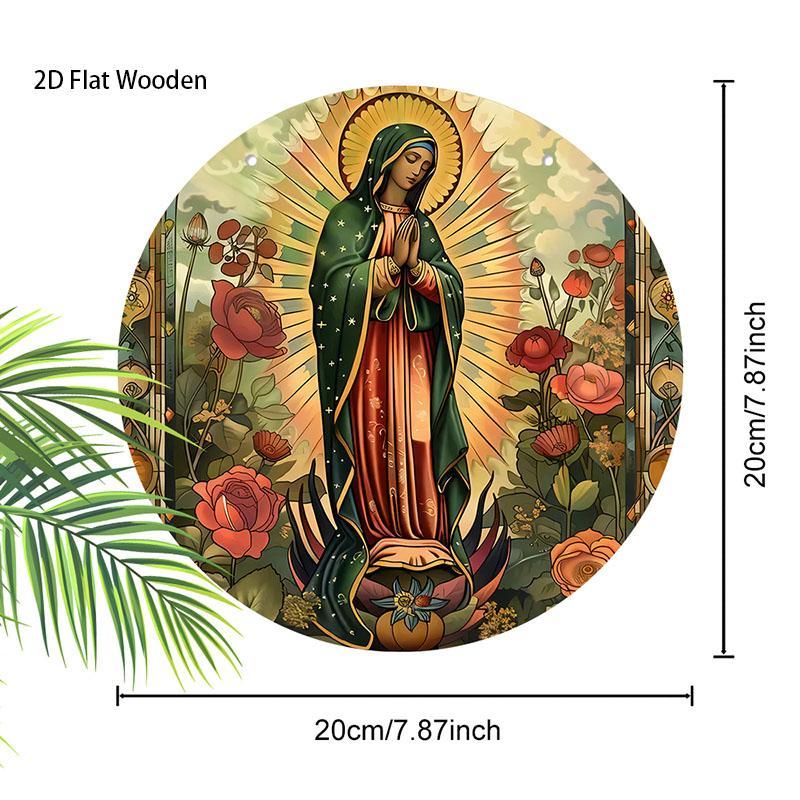 Vintage Virgin Mary & Flower Pattern Hanging Sign, 1 Count Round Wooden Hanging Decoration, Wall Art Decoration for Home Garden Courtyard Party