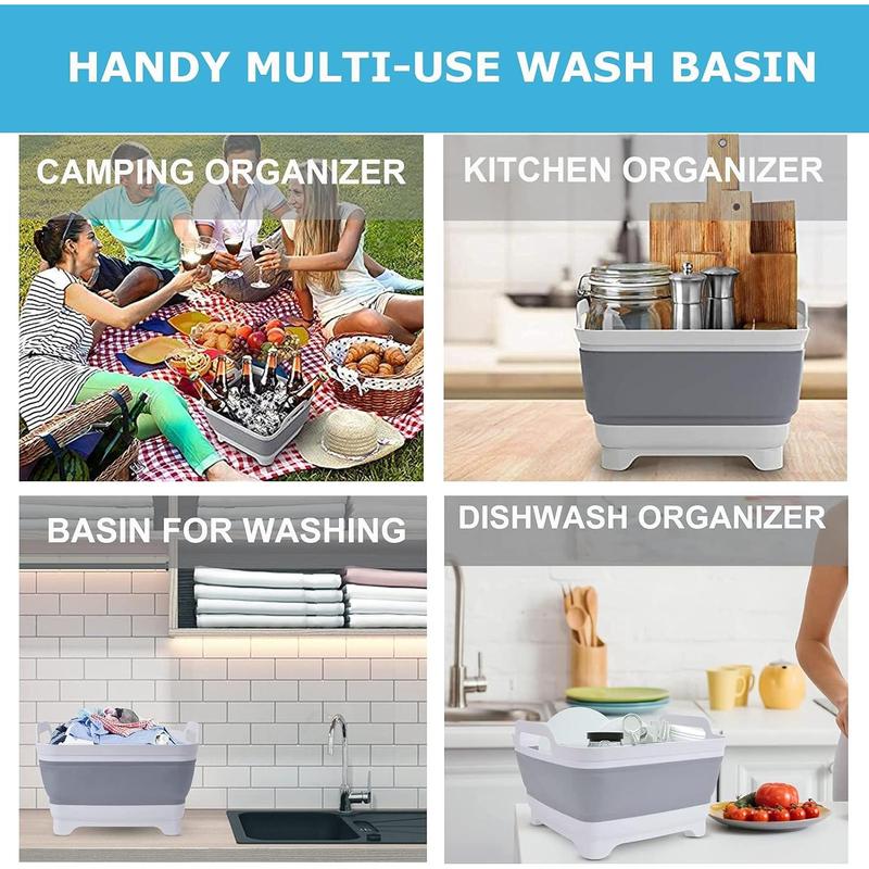 Dishpan For Washing Dishes,9L Collapsible and Portable,Wash Dish Basin,Foldable Laundry Tub with Drain Plug for Kitchen Sink,Camping,Gray