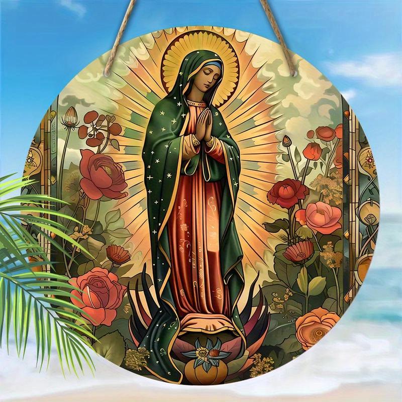 Vintage Virgin Mary & Flower Pattern Hanging Sign, 1 Count Round Wooden Hanging Decoration, Wall Art Decoration for Home Garden Courtyard Party