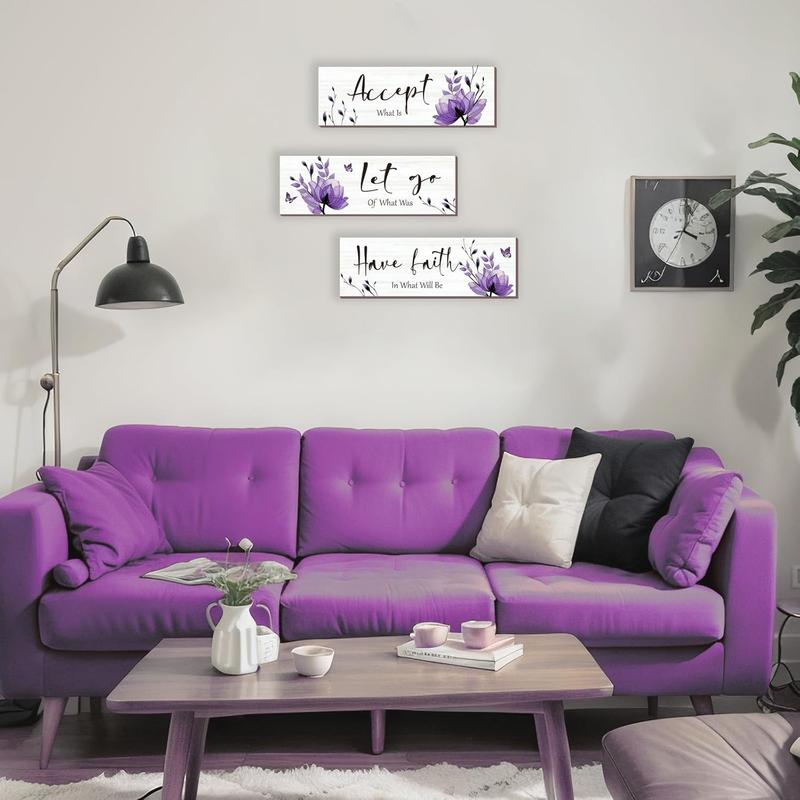 3 Pcs Purple Bathroom Decor Rustic Flower Wall Art Accept Let Go Have Faith Farmhouse Bedroom Wall Decor Wooden Inspirational Quotes Decorations for Living Room Bathroom Bedroom(Purple, 12 x 4 Inches)