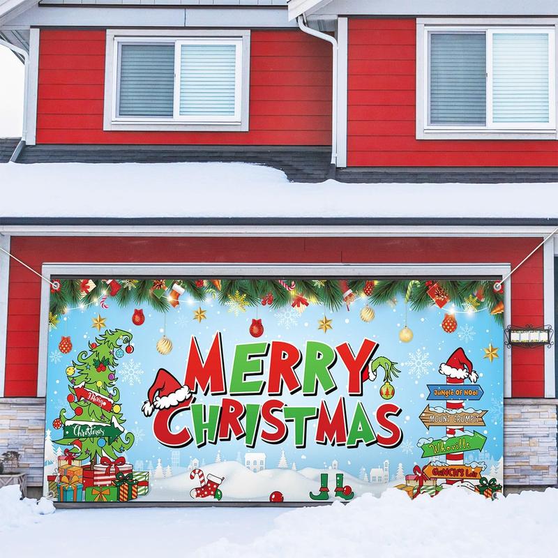 Large 12.6 X 6ft Christmas Garage Door Cover, Christmas garage door mural, Garage Door Christmas Banner for Whoville Christmas Decorations, Merry Christmas Garage Door Banner