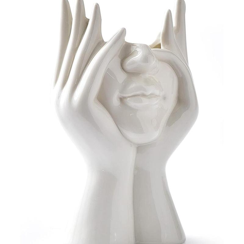 Creative Holding Face Girl Vase, Ceramic Flower Vase, Modern Vase for Home Decor, Desktop Centerpiece for Living Room, Bedroom, Fireplace