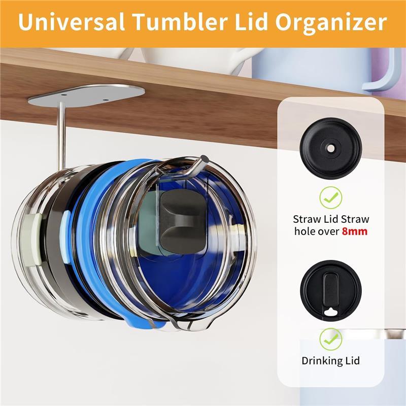 Tumbler Lid Organizer – Under Cabinet Cup Lid Holder, Water Bottle Lid Rack, Self-Adhesive or Drill-In Wall Storage Hook (1 Pack)