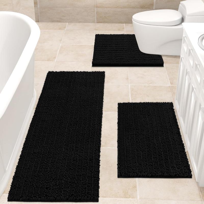 Upgrade Extra Large Black Bathroom Rug Set 3 Pieces Ultra Soft, Thick Absorbent Bath Mats, Non Slip Chenille Toilet Mat for Bathroom, Bedroom, Kitchen Cloud Cozy