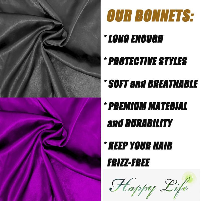 2 Count Hair Bonnets for Women Satin, Soft Elastic Band Silky Sleeping Cap Big Bonnets for Women Comfortable Bonnet for Braids(Black+Purple)