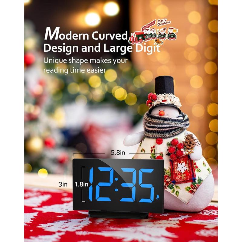 Digital  Clock for Bedrooms, Digital Clock with Modern Curved Design, Conspicuous Blue LED Numbers, 5 Levels Brightness+Off, 2 Volume, 3  Tones, Snooze, Power-Off Memory, 12 24H