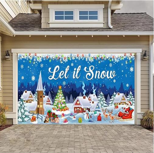 Merry Christmas Garage Door Banner 6x13ft Large, Let it Snow Santa Claus Reindeer Snowman Garage Door Cover Murals Backdrop for Outdoor Holiday Party Garden Lawn Background Xmas Garage Door Decoration