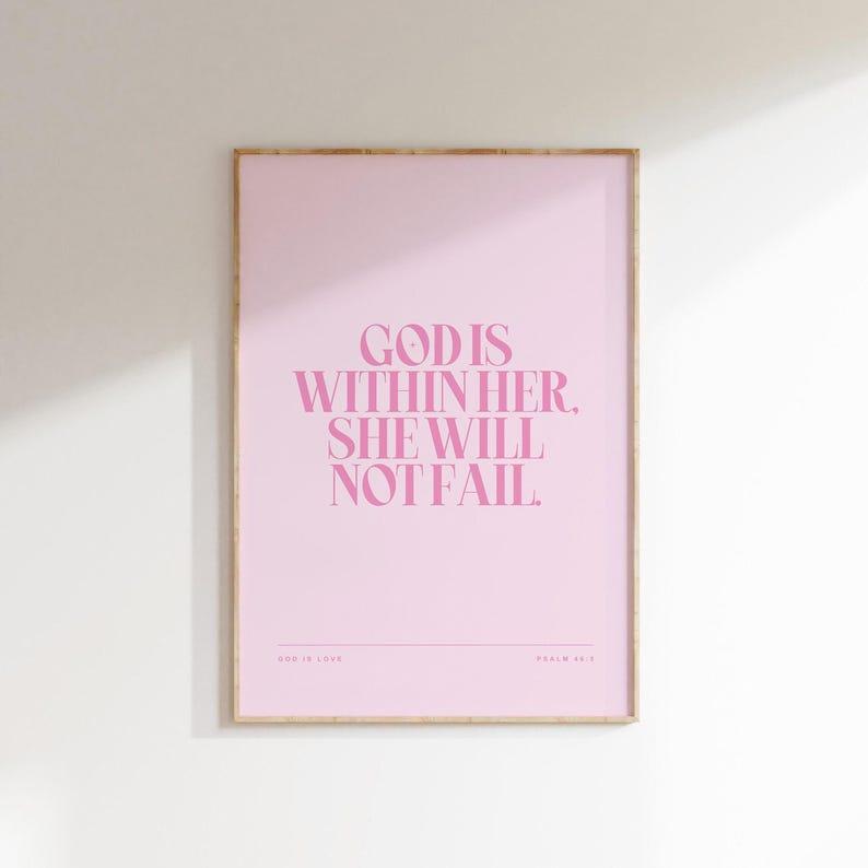 Psalm 46 5 God Is Within Her She Will Not Fail Print Christian Coquette Wall Art Modern Pastel Pink Christian Wall Art Biblical Wall Art