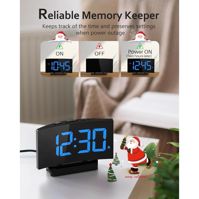 Digital  Clock for Bedrooms, Digital Clock with Modern Curved Design, Conspicuous Blue LED Numbers, 5 Levels Brightness+Off, 2 Volume, 3  Tones, Snooze, Power-Off Memory, 12 24H