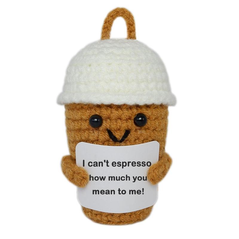 Emotional Support Crochet Coffee Cup Ornament, Cute Creative Handwoven Craft, Positive Energy Gift for Home Decor, Birthday, Christmas Gift