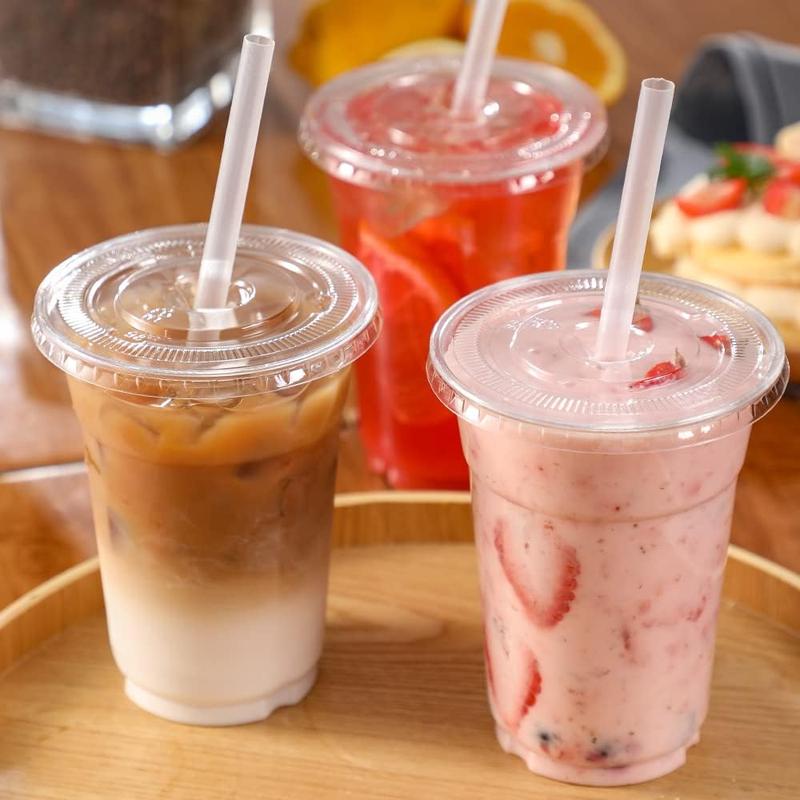 [100 sets -16 oz] Plastic cup with lid and straw, disposable cup suitable for iced coffee, smoothies, milkshakes, cold drinks - transparent