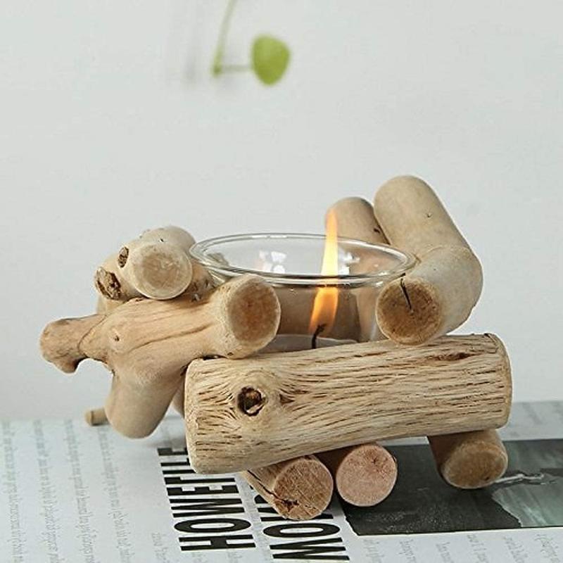 Handmade Wooden Tea Light Candle Holder with Glass Cup Rustic Country Coastal Style for Farmhouse Home Decoration Home Altar Decoration Holoday Wedding Decoration