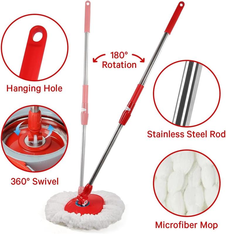 Spin Mop Bucket System Wrings Set, with 3 Microfiber Mop Head, 61'' Adjustable Stainless Steel Pole, Household Cleaning Tools Items Box