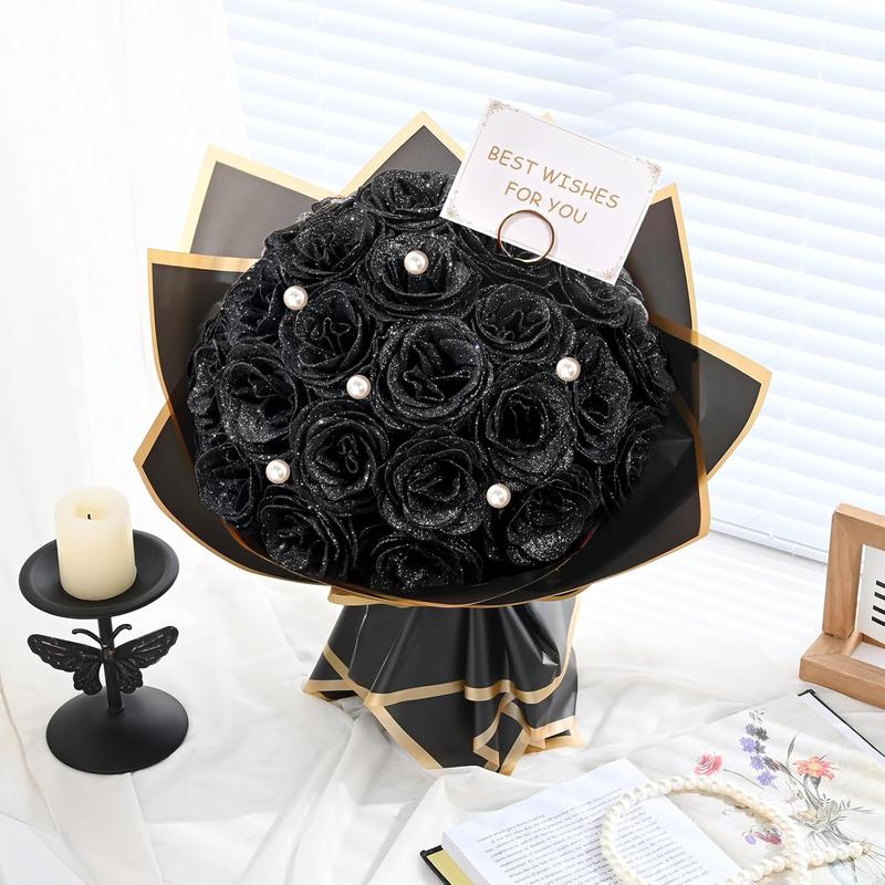 Black Glitter Roses Bouquet, DIY   Bouquet, Artificial Rose Bouquet for Valentine's Day, Anniversary, Engagement, Wedding, 36 Roses