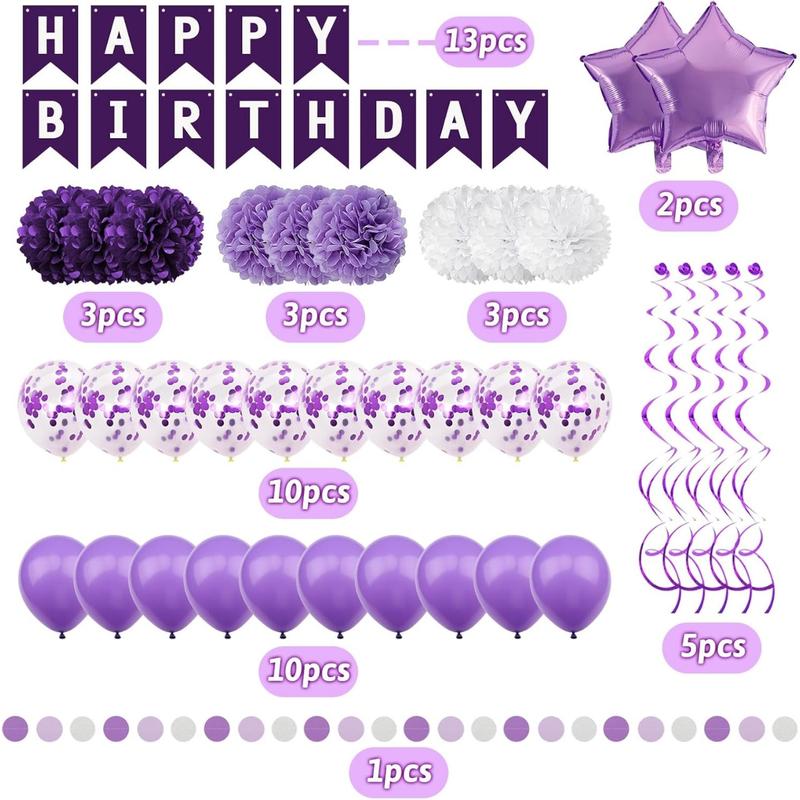 Purple Birthday Decorations, Women Girls Party Decorations Happy Birthday Decorations with Banner for Women Girls Engagement Anniversary Birthday Party Supplies