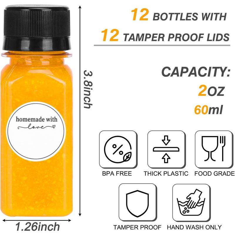 12Count 2oz Shot Bottles with Caps, Reusable Clear Plastic Bottles for Liquids, Empty Containers for Ginger Shots, Juice and Other Beverages