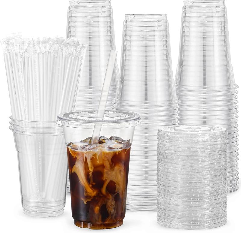 100 Sets - Clear Plastic Cups with Lids and Straws, Disposable Cups for Iced Coffee, Smoothie, Milkshake, Cold Drinks, 12,16,20oz BPA-Free Drinkware Cups Pet Gift