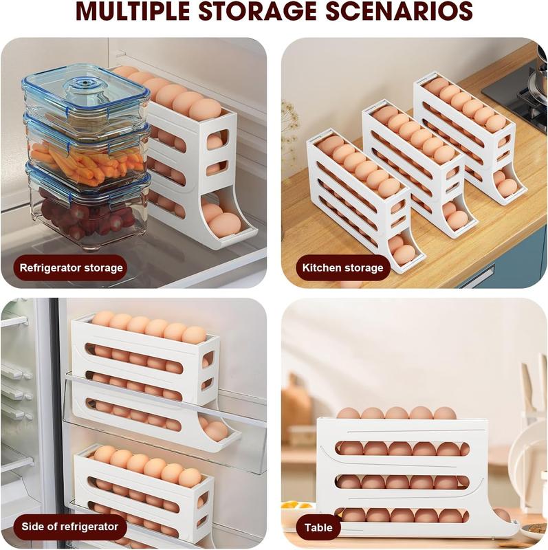 Egg Holder for Fridge, Auto Rolling Fridge Egg Organizer, 4 Tiers Large Capacity Eggs Dispenser Storage 30 Egg, Space-Saving Egg Holder Rack for Refrigerator Kichen Cabinet Boxes