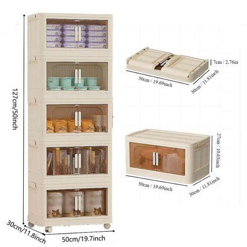 Multi layer folding storage cabinet, plastic storage box for home storage, space saving stackable unit, with transparent door, easy to assemble, with wheels, magnetic door, widely used Collapsible Organiser