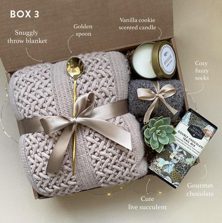 Classy Gift Basket for Women - Cozy Gift Box with Blanket, Socks, Candle - Self Care Gift Box, Care Package, Gifts for Her for Any Occasion