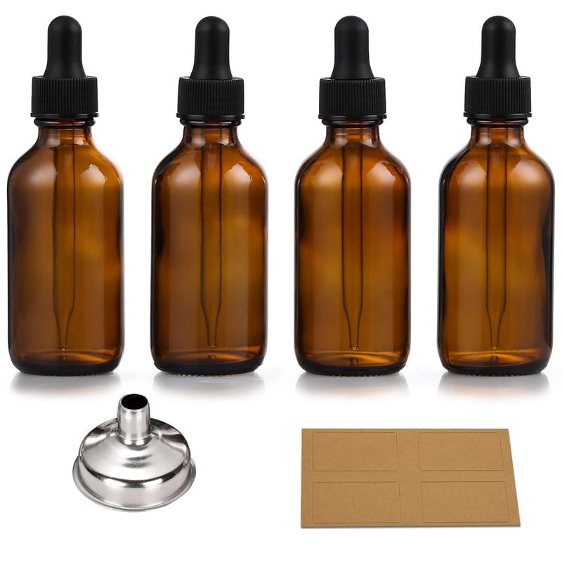 4 pack 1 oz Eye Dropper Bottles ,30ml Thick Dark Amber Glass Tincture Bottles with 1 Stainless Steel Funnels & 4 Labels - Leakproof Essential Oils Bottle for Storage and Travel