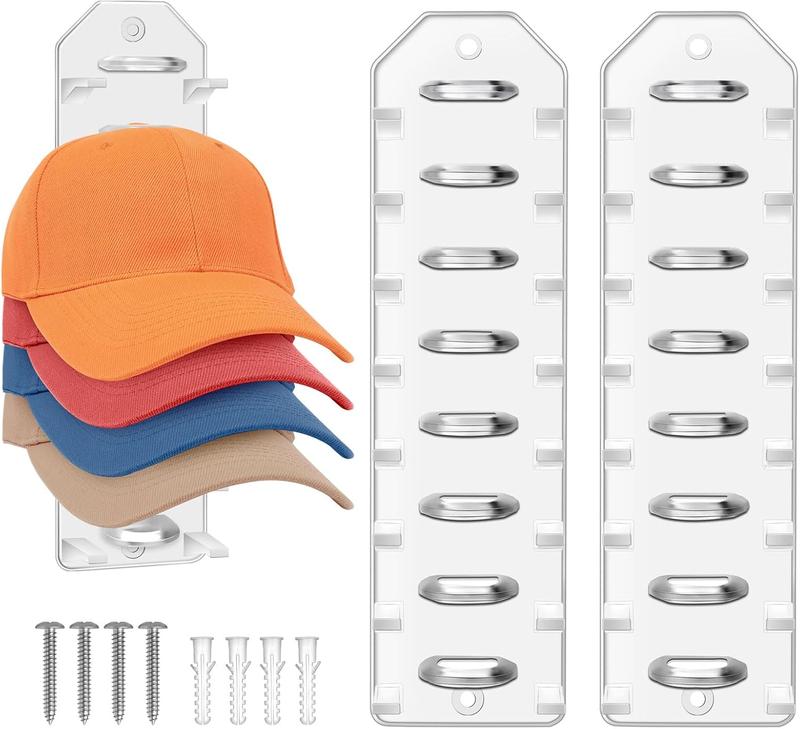 Hat Organizer for Baseball Caps, 2 Pack Hat Rack for Wall, Hat Hold Organizer and Display for 16 Hats, Hat Hanger Strong Adhesive Wall Drilled for Wall, Door,Bedroom,Closet-Clear