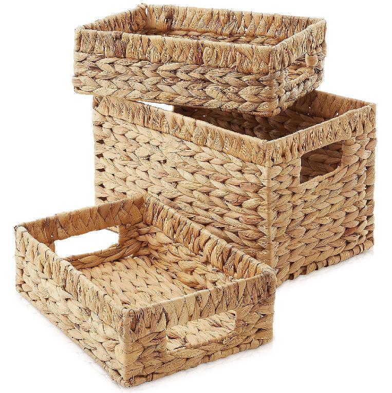 Casafield 3pc Hyacinth Wicker Storage Basket Set Woven Organizer Bins for Shelves, Natural