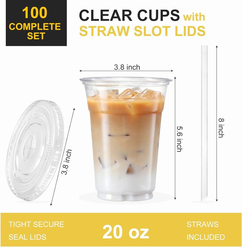 100 Sets - Clear Plastic Cups with Lids and Straws, Disposable Cups for Iced Coffee, Smoothie, Milkshake, Cold Drinks, 12,16,20oz BPA-Free Drinkware Cups Pet Gift