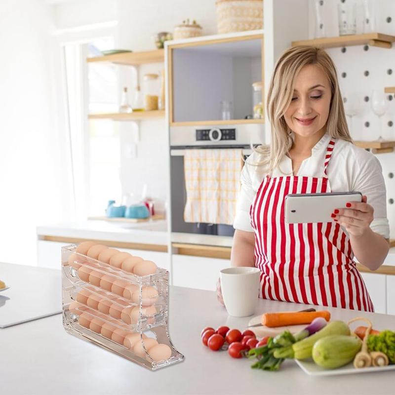 Egg Holder for Fridge, Auto Rolling Fridge Egg Organizer, 4 Tiers Large Capacity Eggs Dispenser Storage 30 Egg, Space-Saving Egg Holder Rack for Refrigerator Kichen Cabinet Boxes