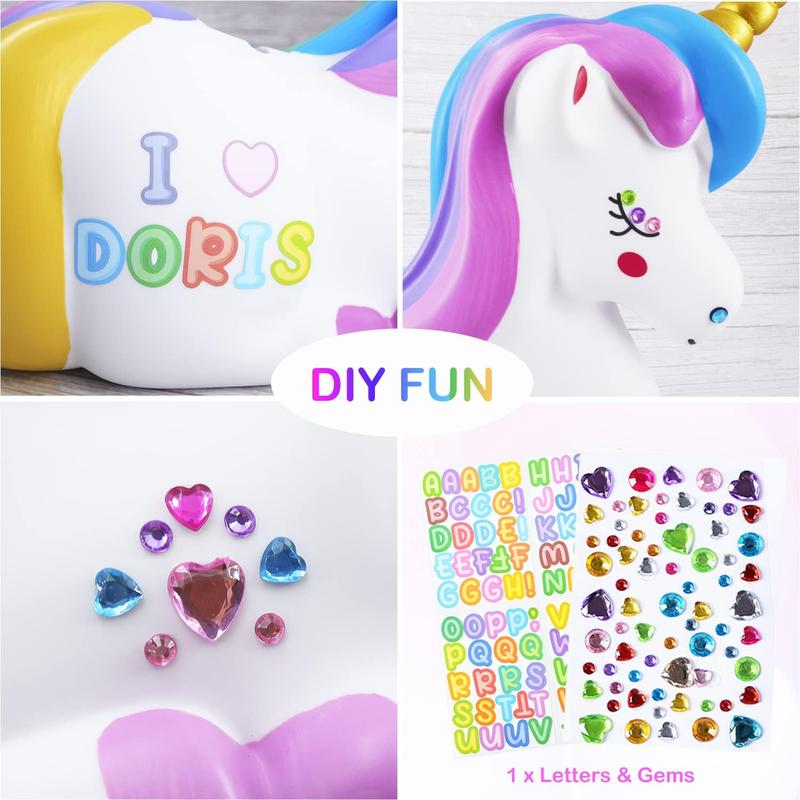 Piggy Bank Girls: Unicorn Piggy Banks - Unbreakable Plastic Coin Money Bank with Alphabet Stickers - Rainbow