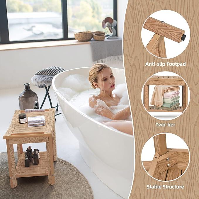 YITAHOME Poly Lumber Shower Bench, Shower Stool with Handles Storage Shelf, Water Resistant & Non-Slip Design Shower Seat, for Bathroom