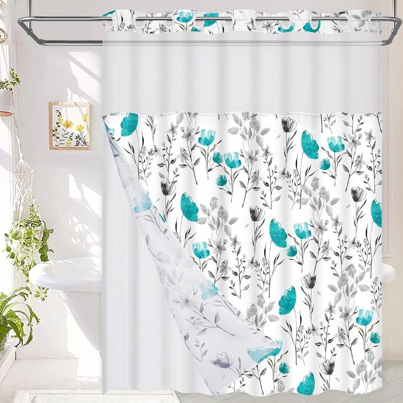 No Hooks Shower Curtain with Snap in Liner,Flower Shower Curtain,See Through Shower Curtain Set with Liner, Double Layer Bathroom Curtains for Hotel