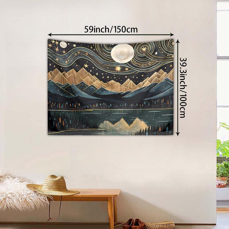 Bohemian Style Mountain & Moon & River Pattern Tapestry, Creative Wall Hanging Blanket, Wall Art for Home Living Room Bedroom