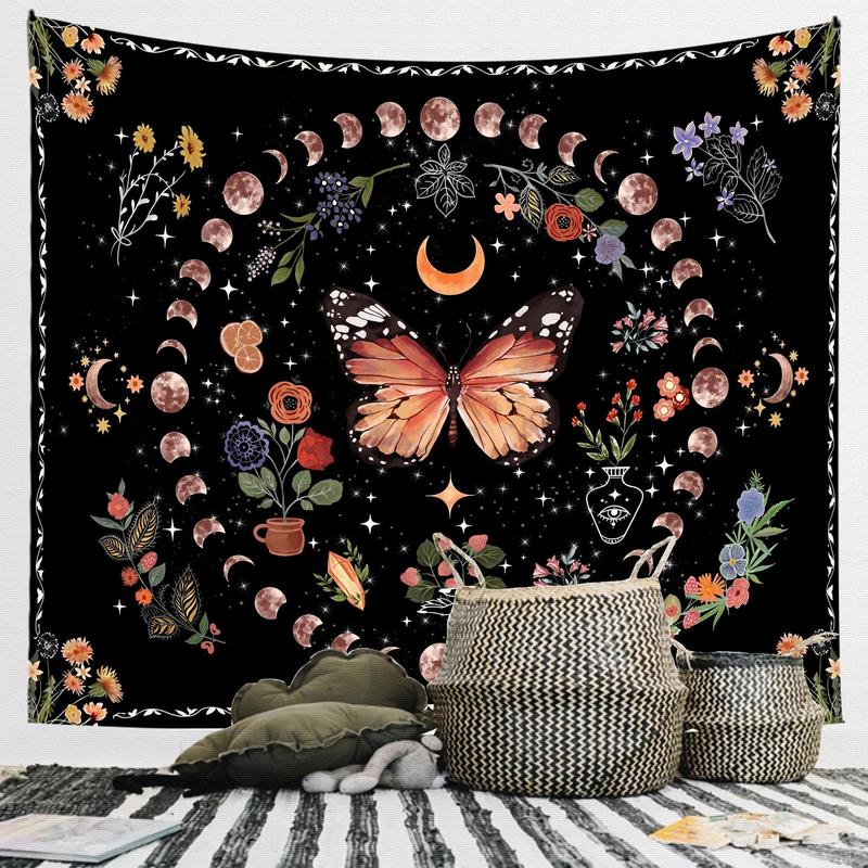 Butterfly & Moon Pattern Tapestry, 1 Count Bohemian Style Wall Hanging Tapestry, Wall Art Decor for Home Living Room Bedroom Dormitory