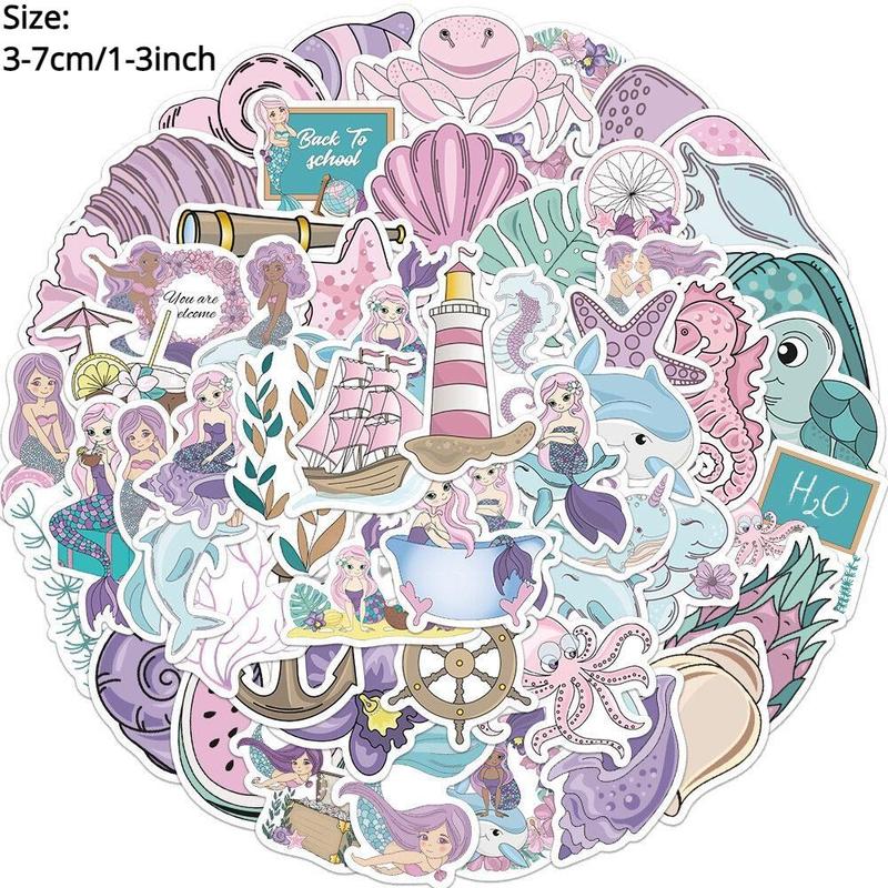 Cartoon Mermaid Pattern Decorative Sticker, 50pcs DIY Waterproof Decoration Sticker for Laptop, Guitar, Water Bottle, Skateboard & Scrapbook, DIY Creative Toys