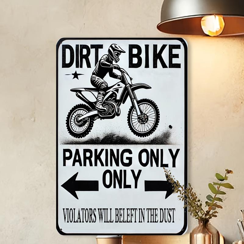 Dirt Bike Parking Only Sign, Vintage Iron Wall Decor for Man Cave and Boy's Room, Humorous Off-Road Bike Enthusiast Foil Engraved Sign with 