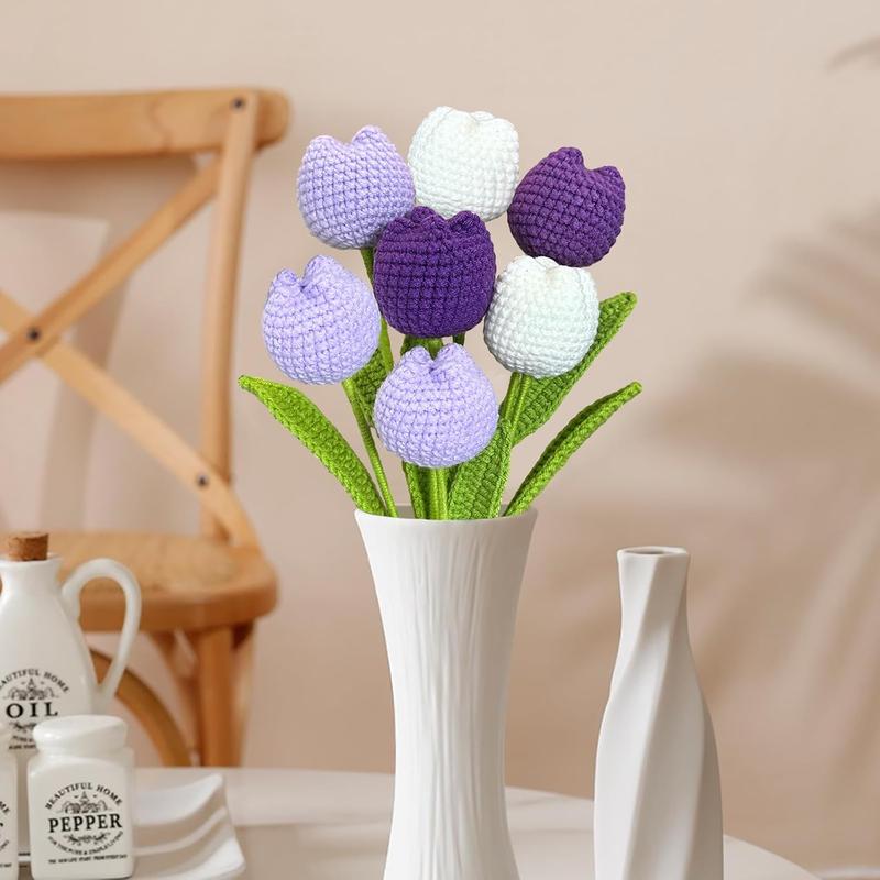 Crochet Flowers, 7 count Crochet Flower Bouquet Purple Tulips Artificial Flowers Decor Hand Woven Flowers Knitted Flower Bouquet with Packaging, Gift for Women Girlfriend Mother