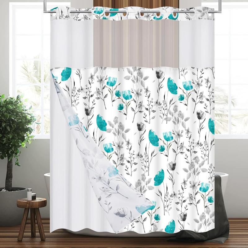 No Hooks Shower Curtain with Snap in Liner,Flower Shower Curtain,See Through Shower Curtain Set with Liner, Double Layer Bathroom Curtains for Hotel