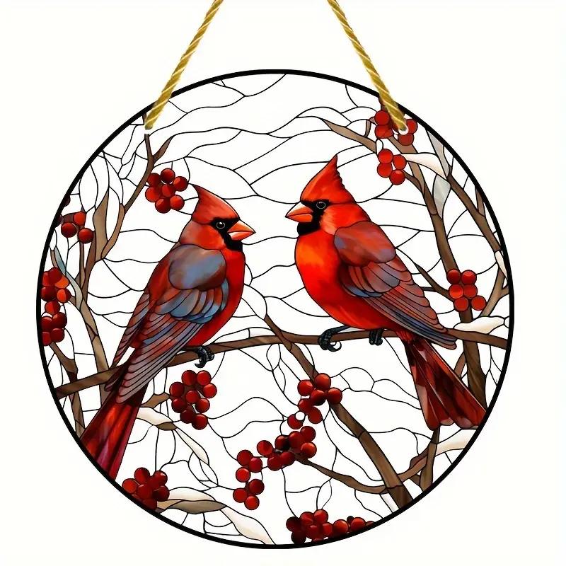 Cardinal Sunshade, Cardinal And Cranberry Stained Window Hanger, Acrylic Sign, Hanging Ornament